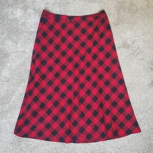 Talbots Women's 14 Red Black Buffalo Plaid A-Line Wool Blend Midi Skirt